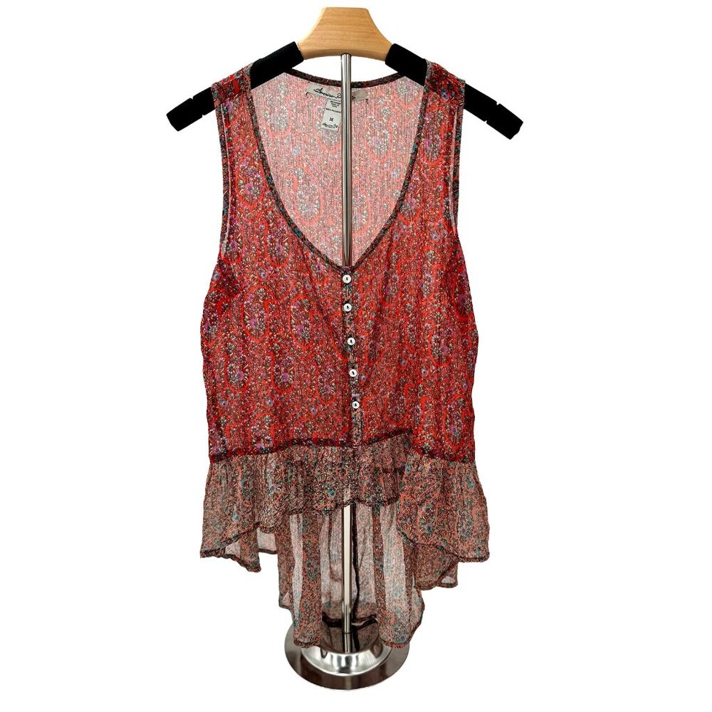 American Rag Red Floral Paisley Button Front High Low Peplum‎ Tank Top Medium
